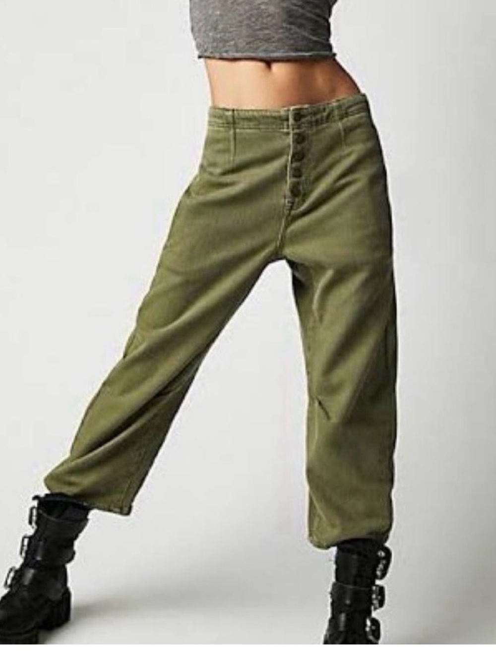We The Free Olive Green Osaka Crop Barrel Leg Pants 24 Button Front Faded Fall